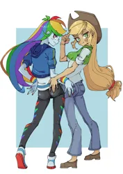 Size: 1191x1684 | Tagged: suggestive, artist:223933965a, artist:破坏海胆boom, derpibooru import, applejack, rainbow dash, human, equestria girls, g4, appledash, applejack's hat, big breasts, blue jeans, blue skin, blushing, bomber jacket, bracelet, breasts, clothes, collared shirt, cowboy hat, duo, duo female, dyed hair, eyebrows, eyebrows visible through hair, eyelashes, female, freckles, hat, hoodie, humanized, image, jacket, jewelry, large butt, lesbian, loafers, long hair, looking at you, multicolored hair, painted nails, pants, passepartout, pink eyes, png, ponytail, rainbow hair, salute, shipping, shirt, shoes, simple background, sneakers, stetson, t-shirt, tight clothing, tights, western, western shirt, yoga pants