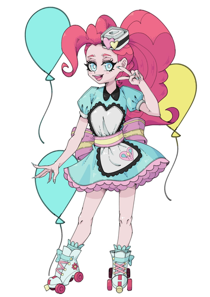 Size: 1191x1684 | Tagged: safe, artist:223933965a, artist:破坏海胆boom, derpibooru import, pinkie pie, equestria girls, g4, balloon, belt, bowtie, clothes, collared shirt, curly hair, digital art, digital painting, dress, eye lashes, eyeliner, french maid, frilly dress, frilly skirt, frilly socks, image, long nails, looking at you, maid, maid headdress, makeup, mob cap, necktie, painted nails, peace sign, pink hair, pink skin, png, retro, roller skates, server pinkie pie, shirt, simple background, skates, smiling, smiling at you, socks, solo, white background