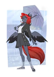 Size: 1050x1500 | Tagged: safe, artist:vistamage, derpibooru import, oc, unnamed oc, unofficial characters only, anthro, plantigrade anthro, anthro oc, artfight, blushing, choker, clothes, collarbone, converse, digital art, gray coat, image, jpeg, long sleeves, long socks, looking at you, passepartout, pleated skirt, rain, red hair, red mane, red tail, shoes, skirt, smiling, smirk, solo, tail, two toned hair, two toned mane, two toned tail, umbrella, white shirt