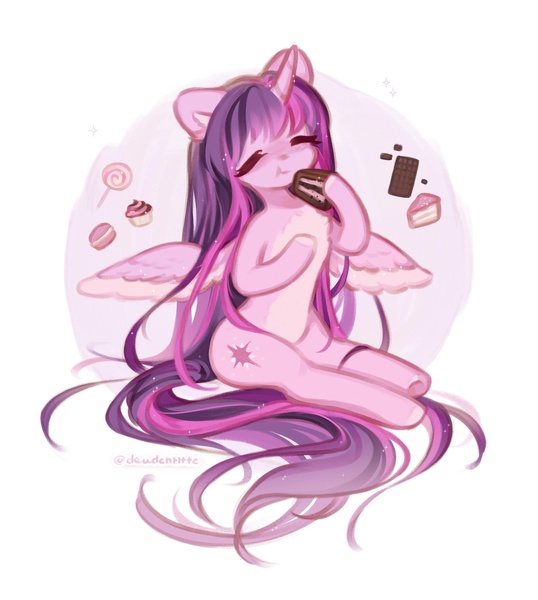 Size: 1935x2160 | Tagged: safe, artist:deadchrltte, derpibooru import, twilight sparkle, twilight sparkle (alicorn), alicorn, pony, anatomically incorrect, cake, candy, chocolate bar, cupcake, cute, eating, eyes closed, female, food, hoof hold, image, incorrect leg anatomy, jpeg, lollipop, macaron, mare, pale belly, simple background, sitting, solo, spread wings, twiabetes, white background, wings