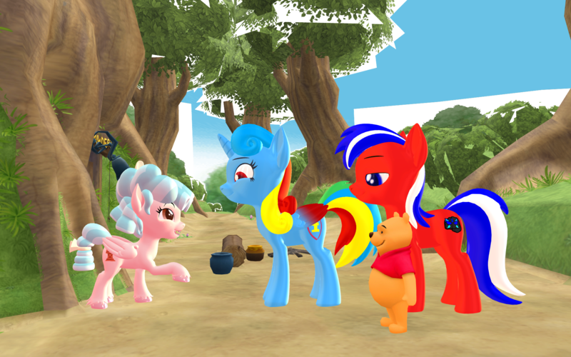 Size: 1920x1200 | Tagged: safe, artist:puzzlshield2, derpibooru import, cozy glow, oc, oc:kori johnson, oc:puzzle shield, alicorn, earth pony, pegasus, pony, series:cozy glow's tour across the multiverse, 3d, crossover, disney, female, filly, foal, hundred acre wood, image, kingdom hearts, mmd, png, pooh, reformed villain, slice of life, story included, winnie the pooh