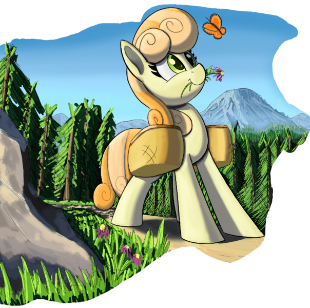 Size: 780x775 | Tagged: safe, artist:maretian, ponerpics import, junebug, butterfly, earth pony, insect, pony, female, flower, grass, image, mare, mountain, pine tree, png, rock, smiling, solo, tree