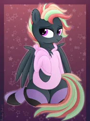 Size: 3016x4032 | Tagged: safe, artist:rainbowšpekgs, derpibooru import, oc, oc:treading step, unofficial characters only, pegasus, pony, g4, bedroom eyes, chest fluff, clothes, hoodie, image, male, pegasus oc, png, smiling, socks, solo, stallion, wings