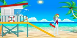 Size: 2200x1080 | Tagged: safe, artist:theemperorofhonor, derpibooru import, rainbow dash, human, equestria girls, g4, baywatch, beach, female, image, jpeg, lifeguard, lifeguard dash, palm tree, tree