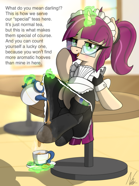 Size: 3000x4000 | Tagged: suggestive, artist:noomeralf, derpibooru import, oc, oc:april emerald, pony, unicorn, bedroom eyes, clothes, cup, dirty socks, dress, eyeshadow, female, fetish, food, foodplay, frog (hoof), glasses, hoof fetish, horn, image, looking at you, magic, maid, makeup, mare, png, pouring, sitting, socks, sweaty hooves, sweaty socks, table, teacup, telekinesis, text, underhoof