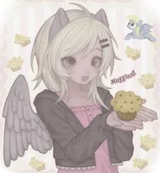 Size: 2419x2618 | Tagged: safe, artist:mekmio, derpibooru import, derpy hooves, human, blonde hair, blushing, buttons, cardigan, clothes, derp, digital art, digital painting, dress, food, gray eyes, gray feathers, gray wings, grey feathers, grin, hand, holding, humanized, image, looking at you, muffin, nose blush, offering, palms, png, pony ears, short hair, smiling, solo, spread wings, sundress, wings, wings on human