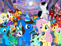 Size: 1024x768 | Tagged: safe, artist:bluemario11, derpibooru import, fluttershy, oc, oc:ej, oc:firey ratchet, oc:mickey motion, oc:princess kincade, oc:red arrow, oc:shane park, oc:shield wing, oc:star heart, oc:train track, alicorn, pegasus, g4, g5, birthday, birthday party, hat, image, misty brightdawn, party, party hat, png