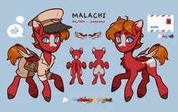 Size: 3500x2200 | Tagged: safe, artist:maroonmads, derpibooru import, oc, oc:malachi, unofficial characters only, pegasus, pony, clothes, hat, image, mailpony, male, pegasus oc, png, reference sheet, solo, stallion, uniform, wings