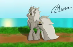 Size: 5000x3200 | Tagged: safe, artist:maître cervidé, derpibooru import, unicorn, bat ears, bat eyes, curved horn, fangs, female, fluffy, grass, horn, image, ocean, old, path, png, signature, solo, water