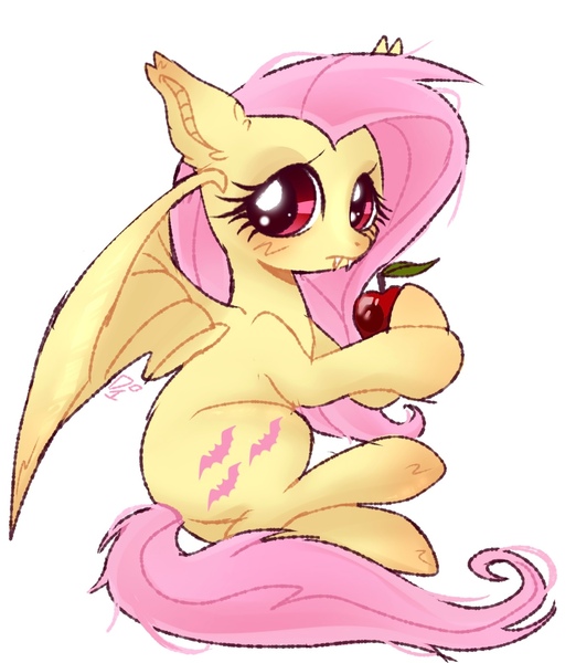 Size: 1353x1556 | Tagged: safe, artist:doodlesinky, derpibooru import, fluttershy, bat pony, pegasus, friendship is magic, g4, apple, bat ponified, bat wings, fangs, female, flutterbat, food, image, jpeg, looking at you, race swap, simple background, solo, wings