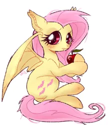 Size: 1353x1556 | Tagged: safe, artist:doodlesinky, derpibooru import, fluttershy, bat pony, pegasus, friendship is magic, g4, apple, bat ponified, bat wings, fangs, female, flutterbat, food, image, jpeg, looking at you, race swap, simple background, solo, wings