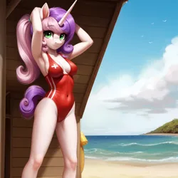 Size: 680x680 | Tagged: safe, ai content, derpibooru import, machine learning generated, prompter:dordrago, sweetie belle, anthro, unicorn, g4, beach, belly, belly button, breasts, busty sweetie belle, cleavage, clothes, female, horn, image, lifeguard, looking at you, ocean, older, older sweetie belle, one-piece swimsuit, png, solo, solo female, stupid sexy sweetie belle, swimsuit, water