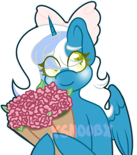 Size: 444x500 | Tagged: safe, artist:theghost1305, derpibooru import, oc, oc:fleurbelle, unofficial characters only, alicorn, pony, alicorn oc, blushing, bow, female, flower, hair bow, heart, heart eyes, holding, horn, image, mare, pink bow, png, simple background, smiling, solo, transparent background, two toned mane, watermark, wingding eyes, wings, yellow eyes