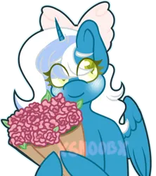 Size: 444x500 | Tagged: safe, artist:theghost1305, derpibooru import, oc, oc:fleurbelle, unofficial characters only, alicorn, pony, alicorn oc, blushing, bow, female, flower, hair bow, heart, heart eyes, holding, horn, image, mare, pink bow, png, simple background, smiling, solo, transparent background, two toned mane, watermark, wingding eyes, wings, yellow eyes