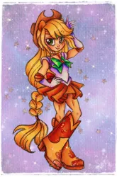 Size: 2072x3136 | Tagged: safe, artist:dariarchangel, derpibooru import, applejack, human, equestria girls, g4, applejack's hat, blonde, blonde hair, boots, bow, braid, braided ponytail, choker, clothes, cowboy boots, cowboy hat, crossover, cute, eared humanization, element of honesty, female, freckles, gloves, hairband, hand on hip, hat, human coloration, humanized, image, jackabetes, jewelry, jpeg, long gloves, long hair, miniskirt, muscles, ponied up, pony ears, ponytail, raised arm, sailor applejack, sailor moon (series), sailor senshi, sailor uniform, shoes, skirt, smiling, solo, sparkles, stars, tiara, traditional art, uniform