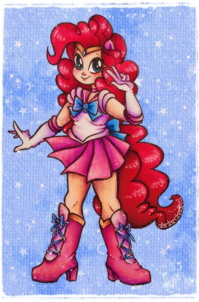 Size: 2072x3136 | Tagged: safe, artist:dariarchangel, derpibooru import, pinkie pie, human, equestria girls, g4, blue eyes, boots, bow, choker, clothes, crossover, curly hair, cute, diapinkes, eared humanization, element of laughter, female, gloves, humanized, image, jewelry, jpeg, long gloves, long hair, looking up, miniskirt, peace sign, pink hair, pink shoes, pink skirt, ponied up, pony ears, sailor moon (series), sailor pinkie pie, sailor senshi, sailor uniform, shoes, skirt, smiling, solo, sparkles, stars, tiara, traditional art, uniform