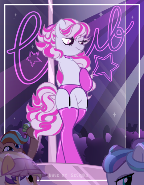 Size: 3893x5001 | Tagged: suggestive, artist:seurnik, artist:shallarts, derpibooru import, pony, base used, bedroom eyes, bipedal, candi (wild manes), clothes, club, cocoa (wild manes), collar, commission, dancing, dollar, eyeshadow, female, garter belt, gloves, image, implied lesbian, latex, latex gloves, latex socks, makeup, mare, money, perla (wild manes), png, pole, pole dancing, socks, stage, stockings, striped, stripper pole, thigh highs, wild manes, ych result