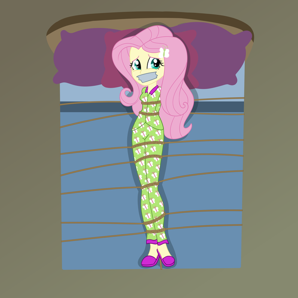 Size: 2500x2500 | Tagged: safe, artist:nie-martw-sie-o-mnie, derpibooru import, part of a set, fluttershy, human, equestria girls, g4, bed, bondage, butterfly hairpin, clothes, female, femsub, fluttersub, footed sleeper, footie pajamas, gag, image, looking at you, lying down, on back, onesie, pajamas, pillow, png, rope, rope bondage, solo, submissive, tape, tape gag, tied down, tied to bed, tied up