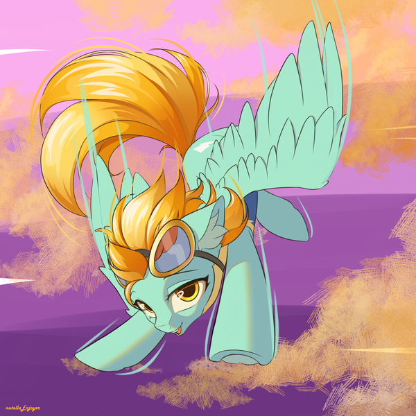 Size: 3000x3000 | Tagged: safe, artist:nutellaenjoyer, derpibooru import, lightning dust, pegasus, pony, clothes, flying, goggles, goggles on head, image, looking at you, open smile, png, solo, uniform, wonderbolt trainee uniform