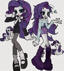 Size: 1810x2000 | Tagged: safe, artist:jwnn_, derpibooru import, rarity, human, pony, unicorn, equestria girls, g4, alternate hairstyle, belt, boots, bowtie, clothes, crying, eyes closed, eyeshadow, female, flars, goth, horn, image, jpeg, leggings, lipstick, makeup, mare, messy hair, nail polish, necktie, open mouth, raised hoof, running makeup, running mascara, shirt, shoes, shorts, simple background, sitting, skirt, smiling, socks, solo, standing, sweat, sweatdrop, white background