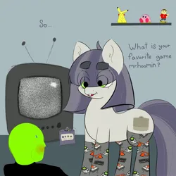 Size: 3000x3000 | Tagged: safe, artist:boneappleteeth, ponerpics import, oc, oc:anon, oc:dot matrix, earth pony, pikachu, pony, amiibo, animal crossing, controller, eye clipping through hair, female, gamecube, gamecube controller, image, jpeg, kirby, kirby (series), long socks, mare, pokémon