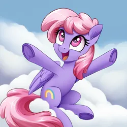 Size: 1024x1024 | Tagged: safe, ai content, derpibooru import, machine learning generated, stable diffusion, rainbowshine, pegasus, pony, g4, bust, cloud, female, generator:pony diffusion v6 xl, happy, image, joy, jpeg, looking up, mare, open mouth, open smile, portrait, prompter:siber, rainbowshining, sitting, smiling, solo, waving arms