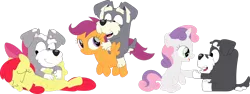 Size: 1462x547 | Tagged: safe, artist:porygon2z, derpibooru import, apple bloom, scootaloo, sweetie belle, dog, earth pony, pegasus, pony, scottish terrier, unicorn, g4, apple bloom's bow, bluey, bow, crossover, cutie mark crusaders, eyes closed, female, filly, foal, hair bow, horn, image, laughing, male, open mouth, open smile, png, riding, riding a pony, simple background, sitting, smiling, the terriers, tickling, transparent background