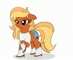 Size: 3000x2500 | Tagged: safe, artist:axlearts, ponerpics import, oc, unofficial characters only, earth pony, pony, belly piercing, boots, clothes, daisy dukes, ear piercing, female, image, jpeg, lip bite, mare, nose piercing, piercing, raised hoof, shirt, shoes, shorts, simple background, solo, white background