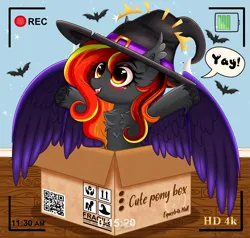 Size: 2407x2290 | Tagged: safe, artist:schwinarts, derpibooru import, oc, oc:spirit harvest, bat pony, hybrid, pegasus, pony, bats!, g4, box, camera shot, chest fluff, ear fluff, fangs, female, halloween, happy, hat, holiday, hooves, hybrid wings, image, indoors, mare, open mouth, png, raised hoof, raised hooves, smiling, spread wings, wings, witch hat