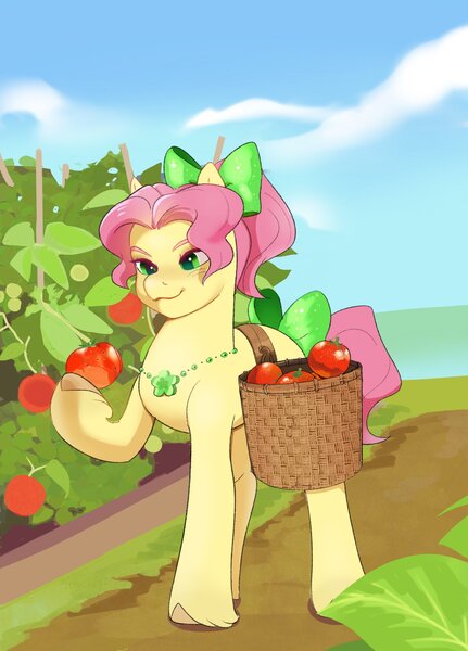 Size: 1470x2048 | Tagged: safe, artist:aztrial, derpibooru import, posey (g5), earth pony, pony, g5, basket, bow, female, food, hair bow, image, jpeg, mare, solo, tomato, unshorn fetlocks