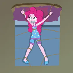 Size: 2500x2500 | Tagged: safe, artist:nie-martw-sie-o-mnie, derpibooru import, part of a set, pinkie pie, human, equestria girls, g4, bed, bondage, clothes, female, femsub, gag, image, lying down, on back, on bed, pajamas, pillow, pinkiesub, png, rope, rope bondage, shorts, slippers, solo, spread eagle, submissive, tape, tape gag, tied down