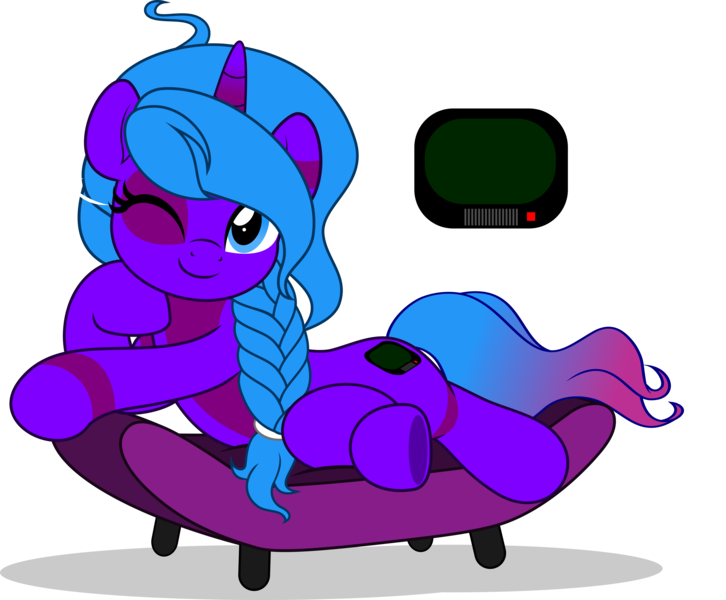 Size: 6052x5000 | Tagged: safe, artist:jhayarr23, derpibooru import, spot, oc, oc:violet aura, unicorn, fallout equestria, braid, commission, commissioner:solar aura, couch, cutie mark, discoloration, horn, image, one eye closed, one eye open, png, simple background, transparent background, unicorn oc, wink, your character here