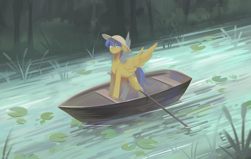 Size: 5089x3241 | Tagged: safe, artist:remon, derpibooru import, oc, oc:crushingvictory, unofficial characters only, pegasus, pony, boat, chest fluff, floppy ears, hat, image, leg fluff, lilypad, pegasus oc, png, river, solo, spread wings, standing, water, wings