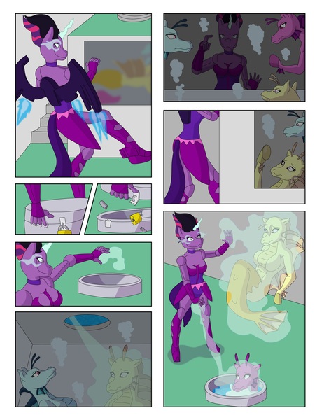 Size: 1850x2413 | Tagged: safe, artist:vytz, derpibooru import, adagio dazzle, aria blaze, sci-twi, sonata dusk, twilight sparkle, robot, siren, equestria girls, g4, alternate universe, aquarium, armor, blast, bondage, breaking and entering, comic, commission, disguise, encasement, flying, image, jpeg, levitation, lock, magic, magic beam, magic blast, mecha, mecha suit, padlock, ponysuit, power armor, rescue, robot suit, rubber suit, skinsuit, superhero, telekinesis, the dazzlings, underwater, water