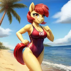 Size: 680x680 | Tagged: safe, ai content, derpibooru import, machine learning generated, prompter:dordrago, apple bloom, anthro, earth pony, g4, beach, belly, belly button, breasts, busty apple bloom, clothes, female, image, lifeguard, looking at you, ocean, older, older apple bloom, one-piece swimsuit, palm tree, png, red swimsuit, running, smiling, solo, stupid sexy apple bloom, swimsuit, tree, water