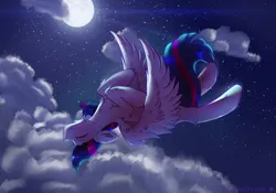 Size: 3620x2534 | Tagged: safe, artist:divori, derpibooru import, twilight sparkle, twilight sparkle (alicorn), alicorn, pony, autumn, cloud, falling, female, flying, image, mare, moon, night, night sky, png, sky, solo, wings