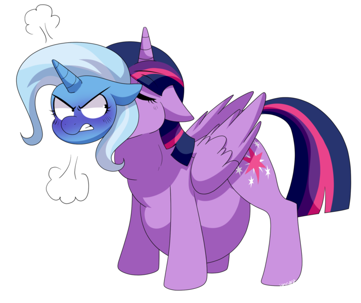 Size: 2148x1806 | Tagged: safe, artist:shoelace, derpibooru import, trixie, twilight sparkle, twilight sparkle (alicorn), alicorn, pony, angry, duo, duo female, female, image, inconvenient trixie, mare, png, simple background, transparent background, trixie prey, twipred, vore