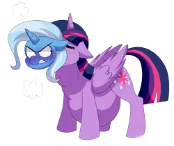 Size: 2148x1806 | Tagged: safe, artist:shoelace, derpibooru import, trixie, twilight sparkle, twilight sparkle (alicorn), alicorn, pony, angry, duo, duo female, female, image, inconvenient trixie, mare, png, simple background, transparent background, trixie prey, twipred, vore