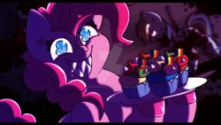 Size: 1192x670 | Tagged: grimdark, artist:isaacbloom, derpibooru import, pinkie pie, rainbow dash, earth pony, pegasus, pony, fanfic:cupcakes, blood, bust, creepy, creepy smile, cupcake, dead, deviantart watermark, female, food, image, looking at you, mare, obtrusive watermark, png, sharp teeth, smiling, smiling at you, solo focus, teeth, watermark