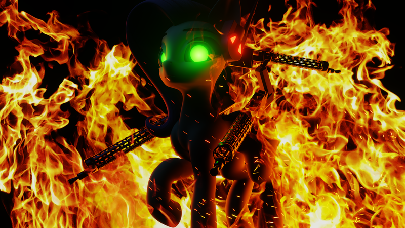 Size: 1920x1080 | Tagged: semi-grimdark, artist:saphire systrine, derpibooru import, fluttershy, pony, robot, robot pony, 3d, fire, glow, glowing eyes, gun, image, png, source filmmaker, weapon