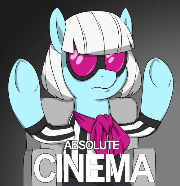 Size: 747x771 | Tagged: safe, anonymous artist, derpibooru import, photo finish, ponified, earth pony, pony, g4, absolute cinema, bipedal, bipedal leaning, caption, chair, cinema, clothes, colored, drawthread, female, gradient background, image, leaning, mare, meme, png, ponified meme, raised hoof, raised hooves, reaction image, requested art, scarf, solo, text