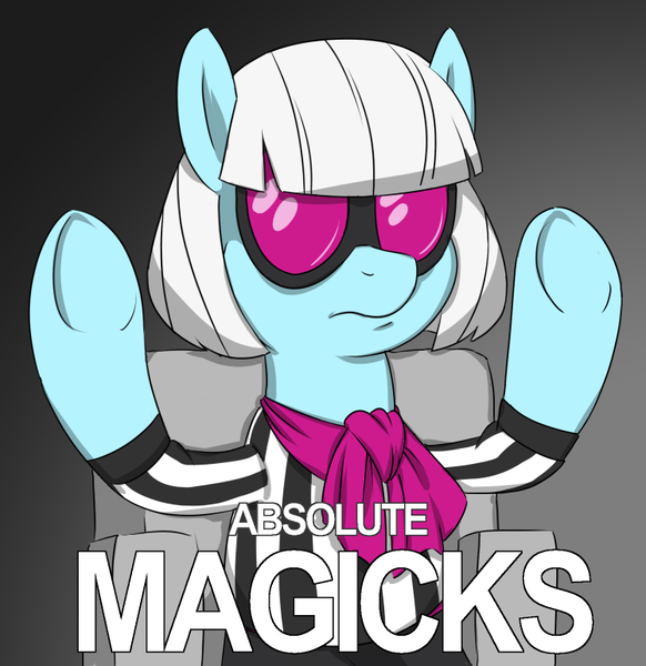 Size: 748x771 | Tagged: safe, alternate version, anonymous artist, derpibooru import, photo finish, ponified, earth pony, pony, g4, absolute cinema, bipedal, bipedal leaning, caption, chair, clothes, colored, drawthread, female, gradient background, image, leaning, magicks, mare, meme, png, ponified meme, raised hoof, raised hooves, reaction image, requested art, scarf, solo, text