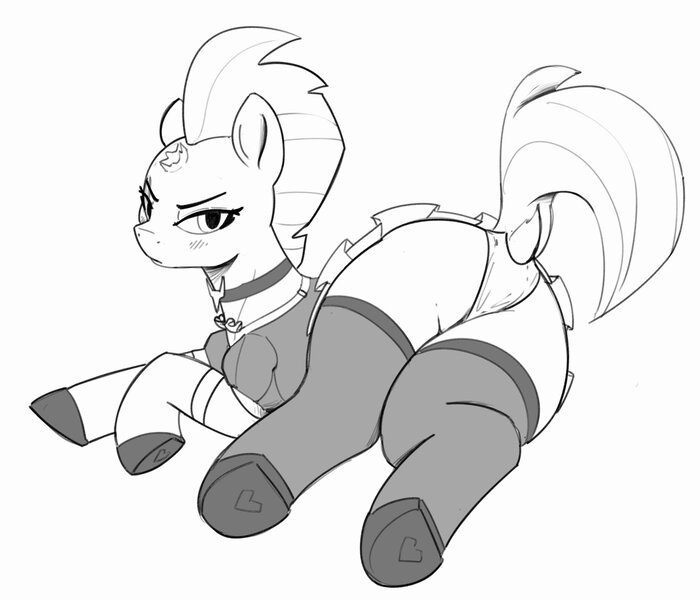 Size: 2048x1755 | Tagged: suggestive, artist:pabbley, derpibooru import, tempest shadow, pony, unicorn, g4, angry, black and white, blush lines, blushing, broken horn, butt, choker, clothes, cute, dock, female, grayscale, horn, image, jpeg, looking at you, madorable, maid, mare, monochrome, narrowed eyes, panties, plot, raised tail, rear view, simple background, skirt, solo, solo female, tail, tempass, tempestbetes, underhoof, underwear, white background