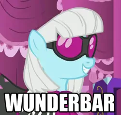 Size: 325x308 | Tagged: safe, derpibooru import, edit, edited screencap, screencap, photo finish, earth pony, pony, g4, caption, cinema, clothes, female, image, mare, meme, png, reaction image, solo, text, wunderbar