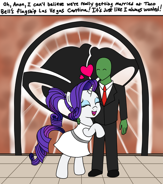 Size: 2000x2250 | Tagged: safe, derpibooru import, rarity, oc, oc:anon, human, pony, unicorn, g4, belt, clothes, comic, dialogue, drawthread, dress, duo, duo male and female, eyes closed, eyeshadow, female, happy, heart, horn, hug, image, implied marriage, las vegas, makeup, male, mare, necktie, one-panel comic, open mouth, open smile, png, ponytail, requested art, shirt, smiling, suit, taco bell, this will end in marriage, tiled floor, white dress, white shirt