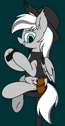 Size: 1986x3813 | Tagged: safe, artist:derpyalex2, derpibooru import, oc, oc:silver edge, unofficial characters only, pegasus, pony, bar stool, clothes, commission, cowboy, cowboy hat, gun, hat, holster, image, png, simple background, solo, vest, weapon