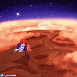 Size: 3072x3072 | Tagged: safe, artist:juniverse, derpibooru import, oc, oc:juniverse, earth pony, atmosphere, climbing, cloud, colored, female, image, mars (planet), olympus mons, png, ribbon, scenery, solo, space, space pony, stars, sweter, universe daughter, volcano