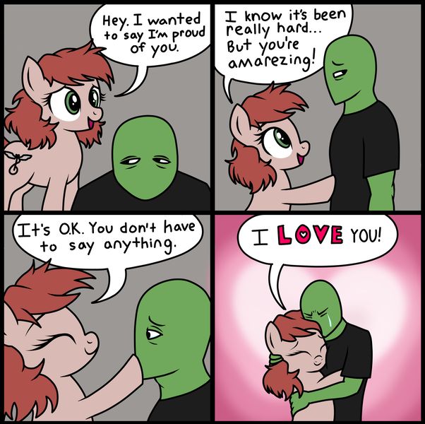 Size: 2000x1993 | Tagged: safe, alternate version, artist:anonymous, derpibooru import, oc, oc:anon, oc:harmony hugs, ponified, unofficial characters only, earth pony, pony, g4, 4 panel comic, black t-shirt, clothes, colored, comic, crying, drawthread, duo, duo male and female, earth pony oc, emotional support, female, female oc, gradient background, gray background, hug, i love you, image, male, mare, missing accessory, png, ponified comic, praise, requested art, shirt, simple background, t-shirt