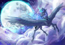 Size: 2048x1412 | Tagged: safe, artist:叶玹, derpibooru import, princess luna, alicorn, pony, g4, cloud, crown, ethereal mane, ethereal tail, female, flowing mane, flowing tail, flying, horn, image, jewelry, jpeg, magic, mare, moon, night, night sky, peytral, regalia, sky, spread wings, starry mane, starry tail, tail, telekinesis, wings