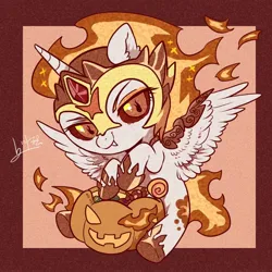 Size: 1500x1500 | Tagged: safe, artist:叶玹, derpibooru import, daybreaker, alicorn, pony, g4, candy, cute, daybweaker, diabreaker, food, halloween, holiday, image, jpeg, mane of fire, pumpkin, trick or treat